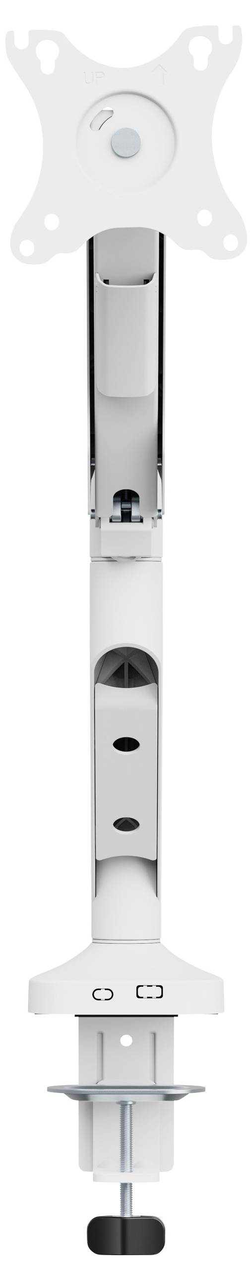 White wall-mounted monitor arm, equipped with adjustable joint for flexible positioning and sturdy mounting options.