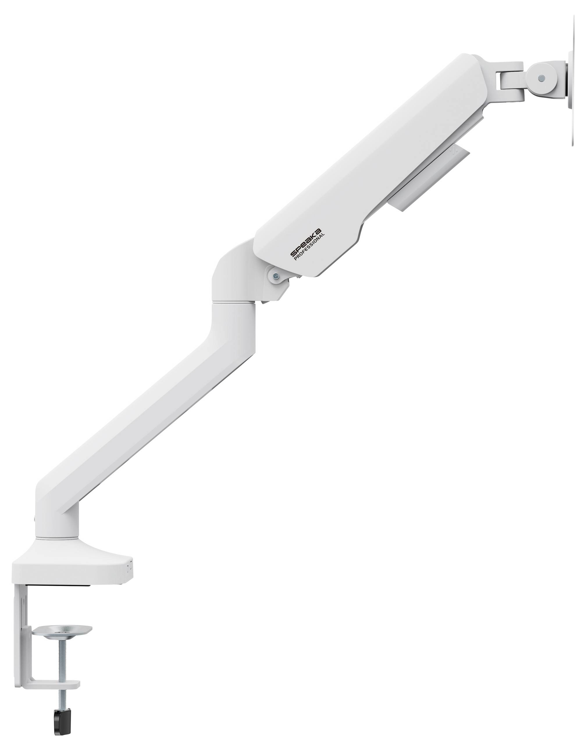 An adjustable metal monitor arm with a desk clamp, mounted laterally. Suitable for the ergonomic positioning of computer screens.