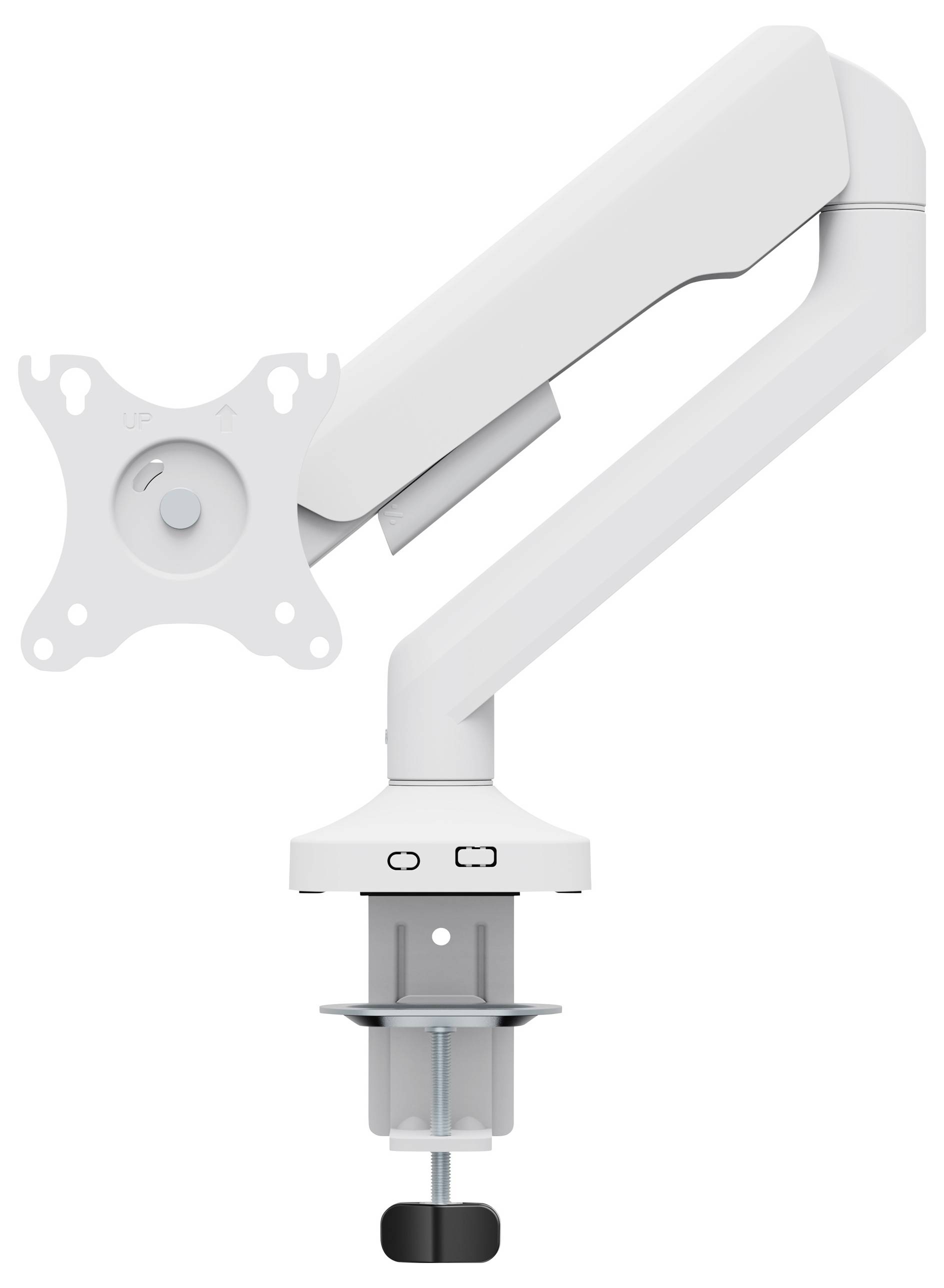 Adjustable Monitor Arm in White, side view. Suitable for mounting on a desk, with pivot points for flexible positioning.
