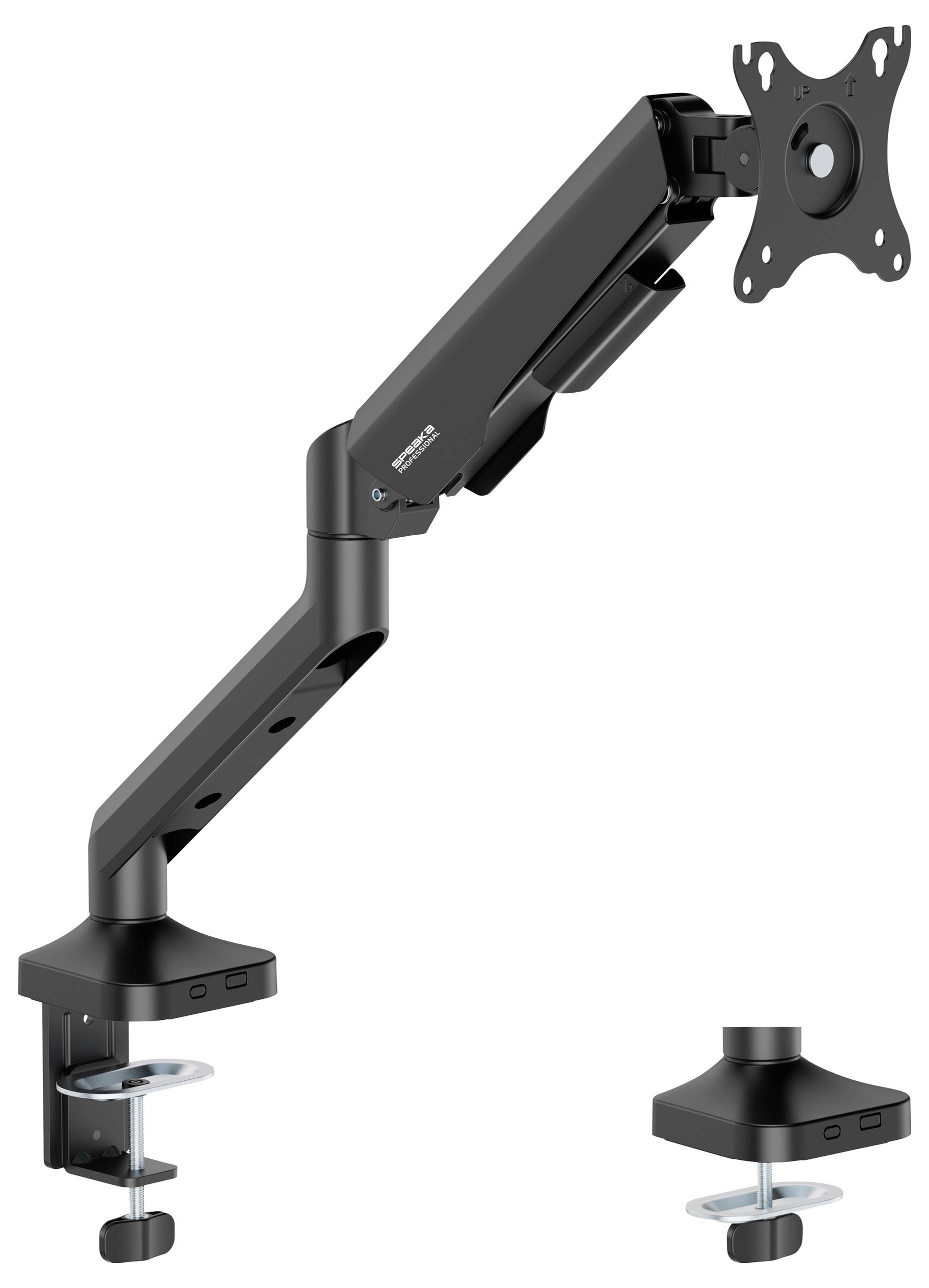 Monitor mount with adjustable arm and desk clamp for attachment. Suitable for ergonomic workplace design.