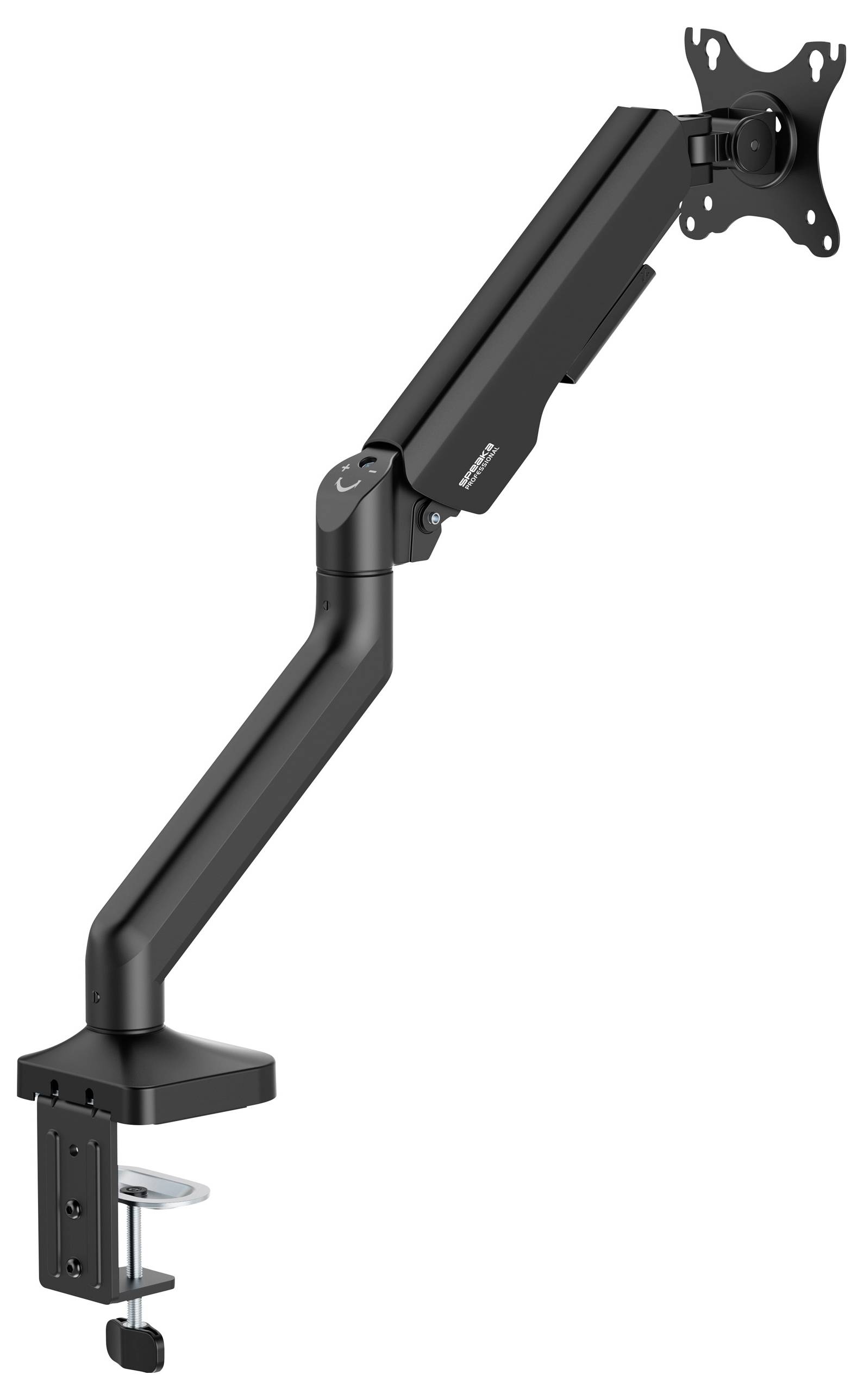 An adjustable, black monitor arm with desk clamp for mounting a screen. Ideal for flexible screen positioning.