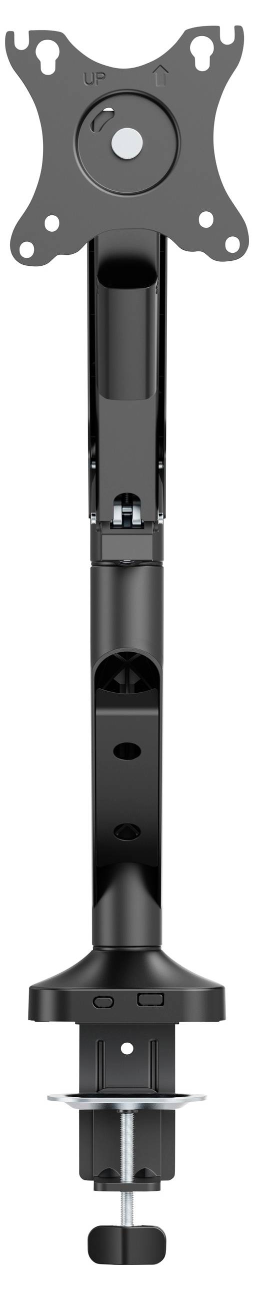 A black monitor arm with adjustable joint, designed for desk mounting. Suitable for attaching computer screens.