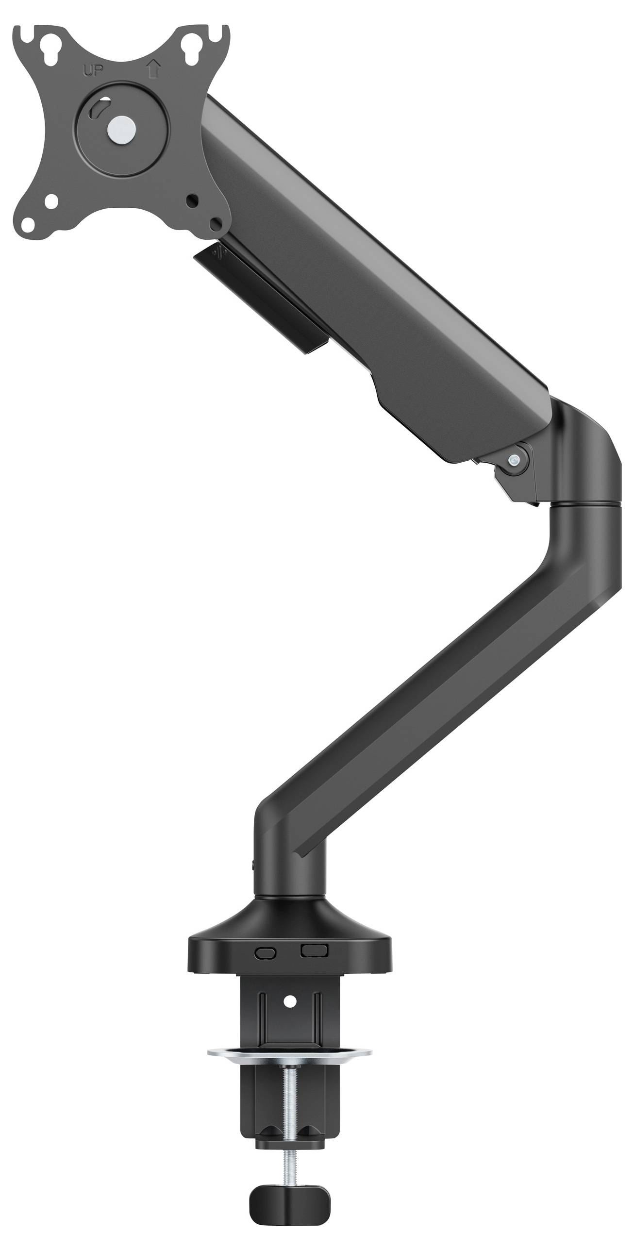 A black monitor arm with an adjustable joint, mounted to a desk surface. Suitable for flexible screen positioning.