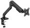 A black monitor arm with adjustable joint, for mounting a screen on a desk, with clamp attachment.