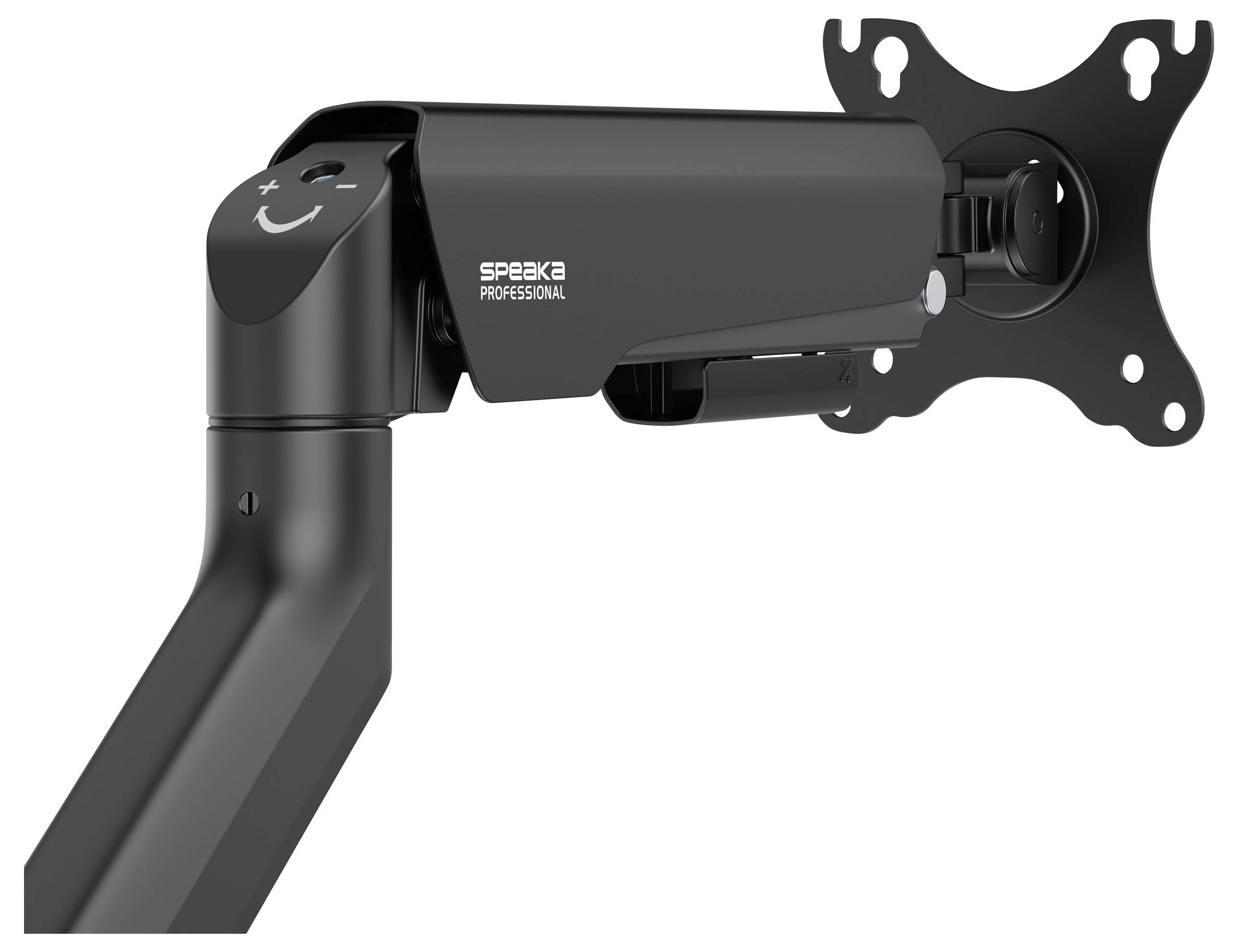 Single black monitor arm, screen mounting bracket. Rotatable and tiltable, suitable for ergonomic workplace design.