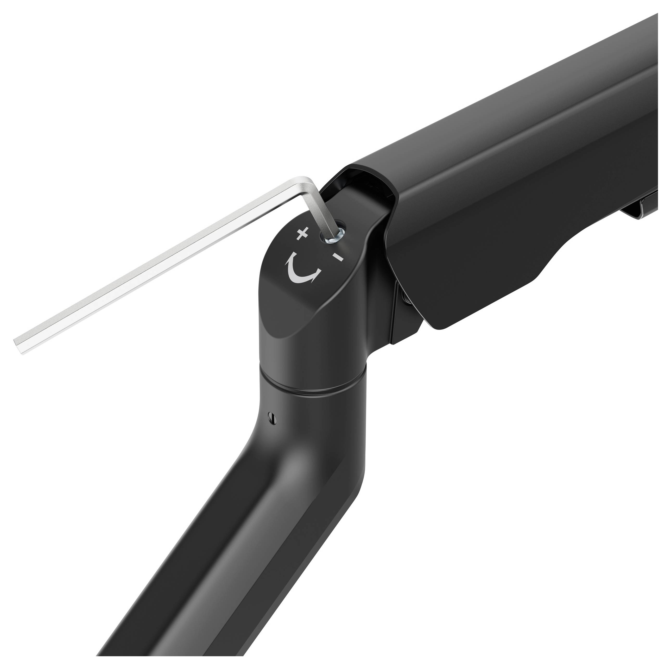 Adjustable black table leg construction with an Allen key in the screw head, which is turned to form a plus/minus symbol.