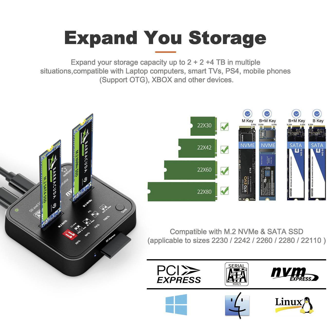 Memory expansion device: Supports M.2 NVMe & SATA, compatible with gaming consoles and computers; PCI Express, 2230 to 2280.