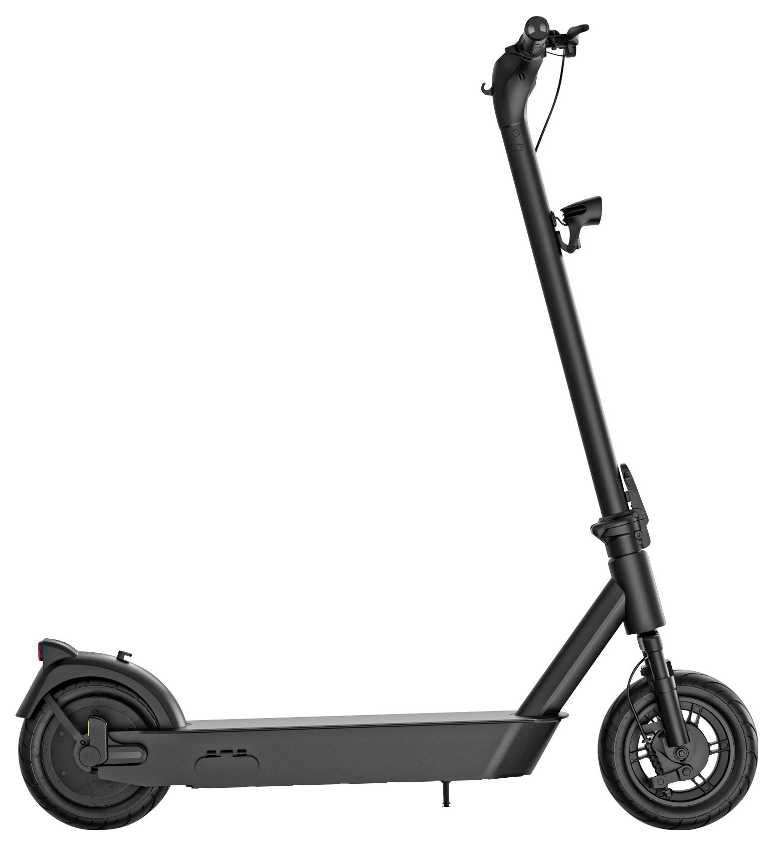 A black electric scooter is positioned sideways on a white background. The handlebars are set high and the wheels are large.