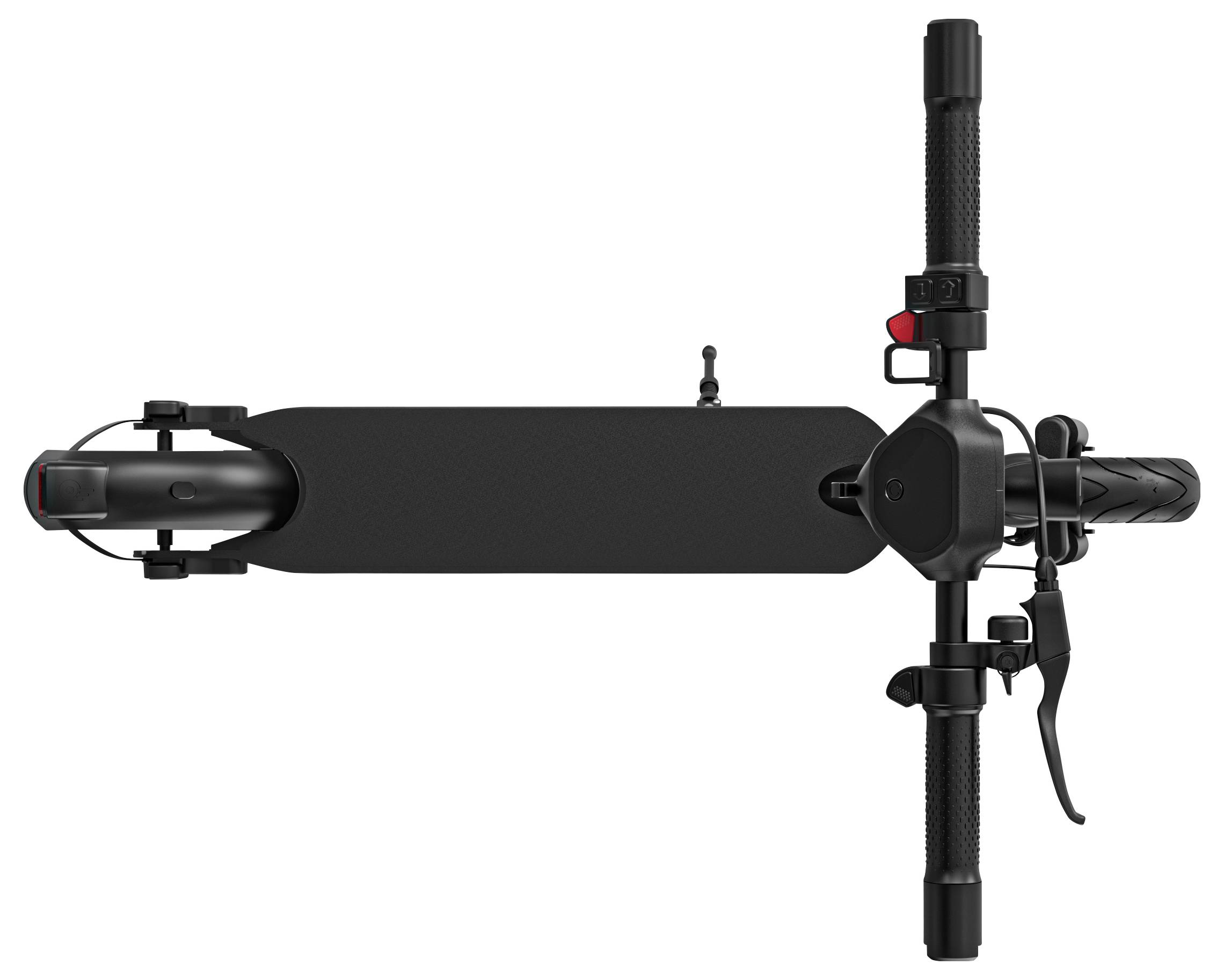 Electric scooter from above, black, with handlebars, brake lever and front light, showing minimalist design and compact construction.