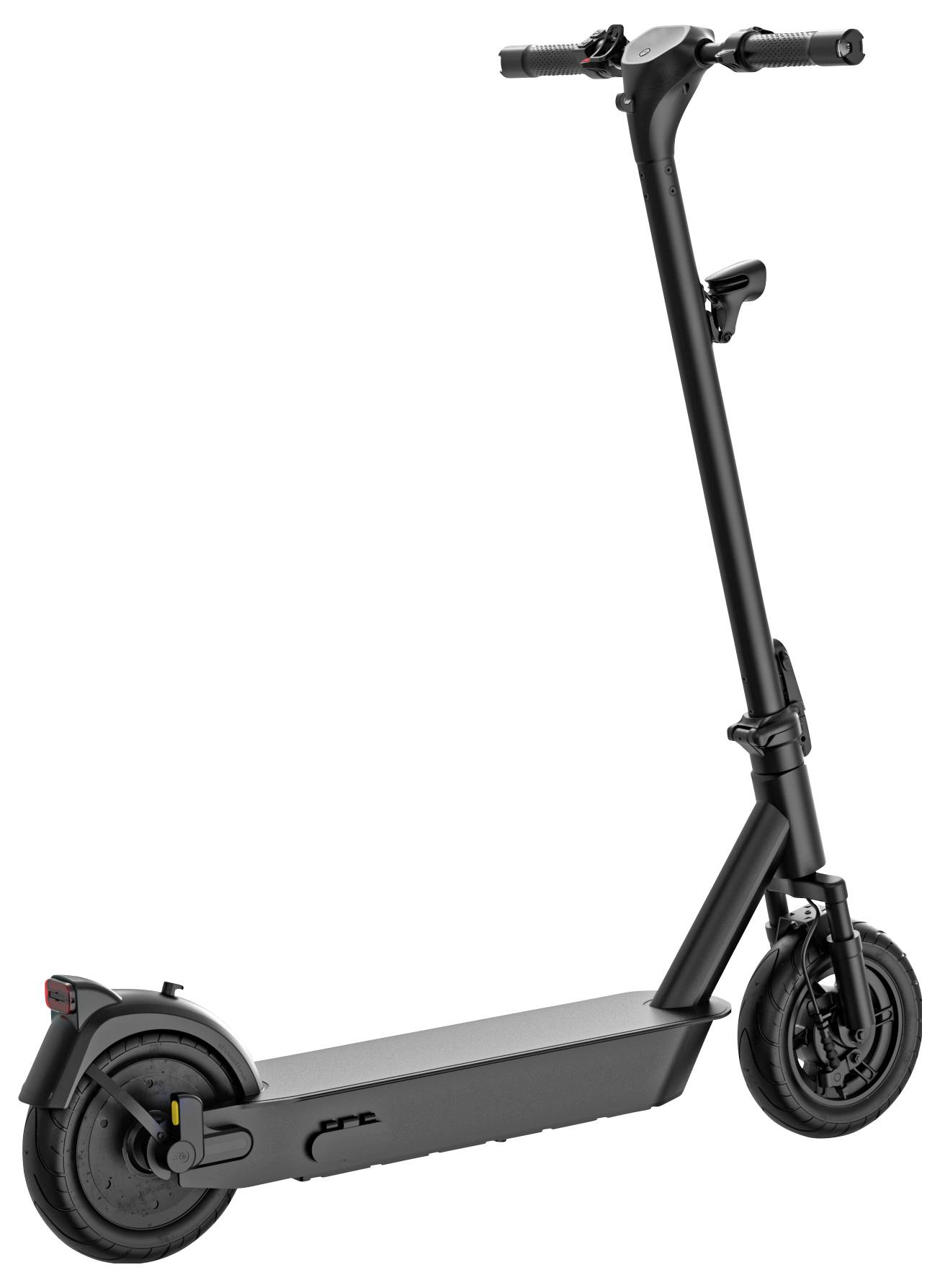 A black electric scooter with a sleek design and robust tyres, suitable for urban mobility and environmentally friendly transportation.