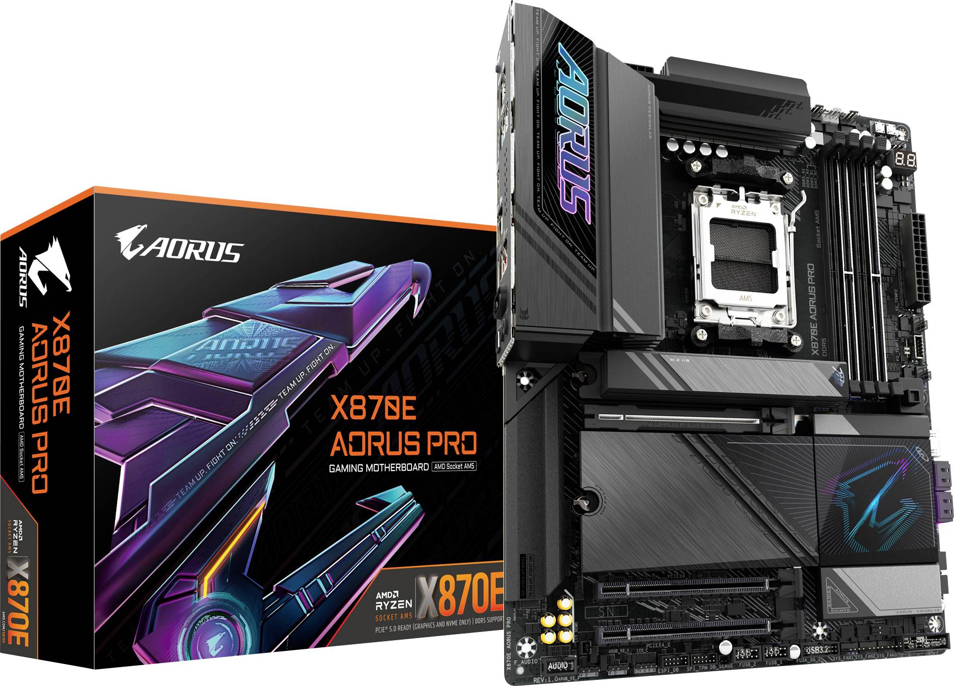 Motherboard for Gaming PCs, Model 'X670E AORUS PRO'. Packaging displays technical design and brand logo. Includes AMD Socket AM5.