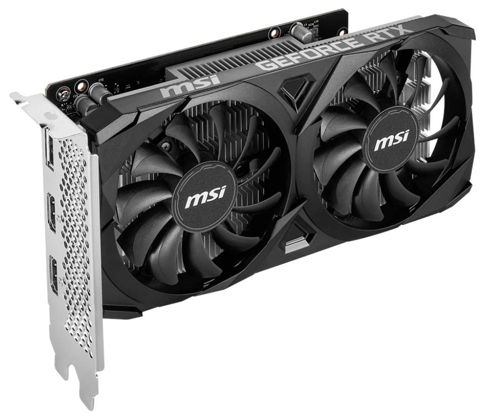 High-performance black graphics card 'MSI GeForce RTX' with dual fans and multiple ports for high-performance computer graphics.