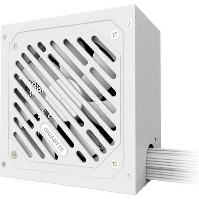 White PC power supply with fan and cables at the back. 'GIGABYTE' logo visible on the side.