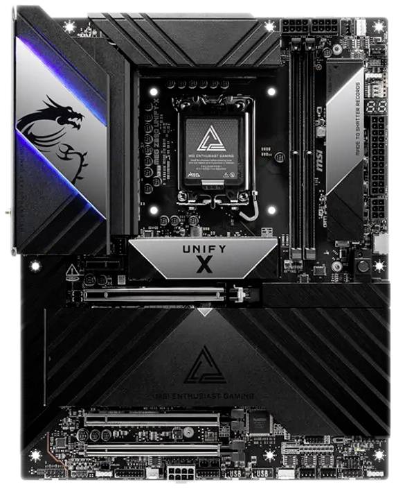 A black motherboard with an illuminated dragon logo and the inscription 'UNIFY X', suitable for gaming PCs with multiple expansion slots.