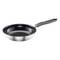 Stainless steel frying pan with non-stick coating and black handle, on a white background.