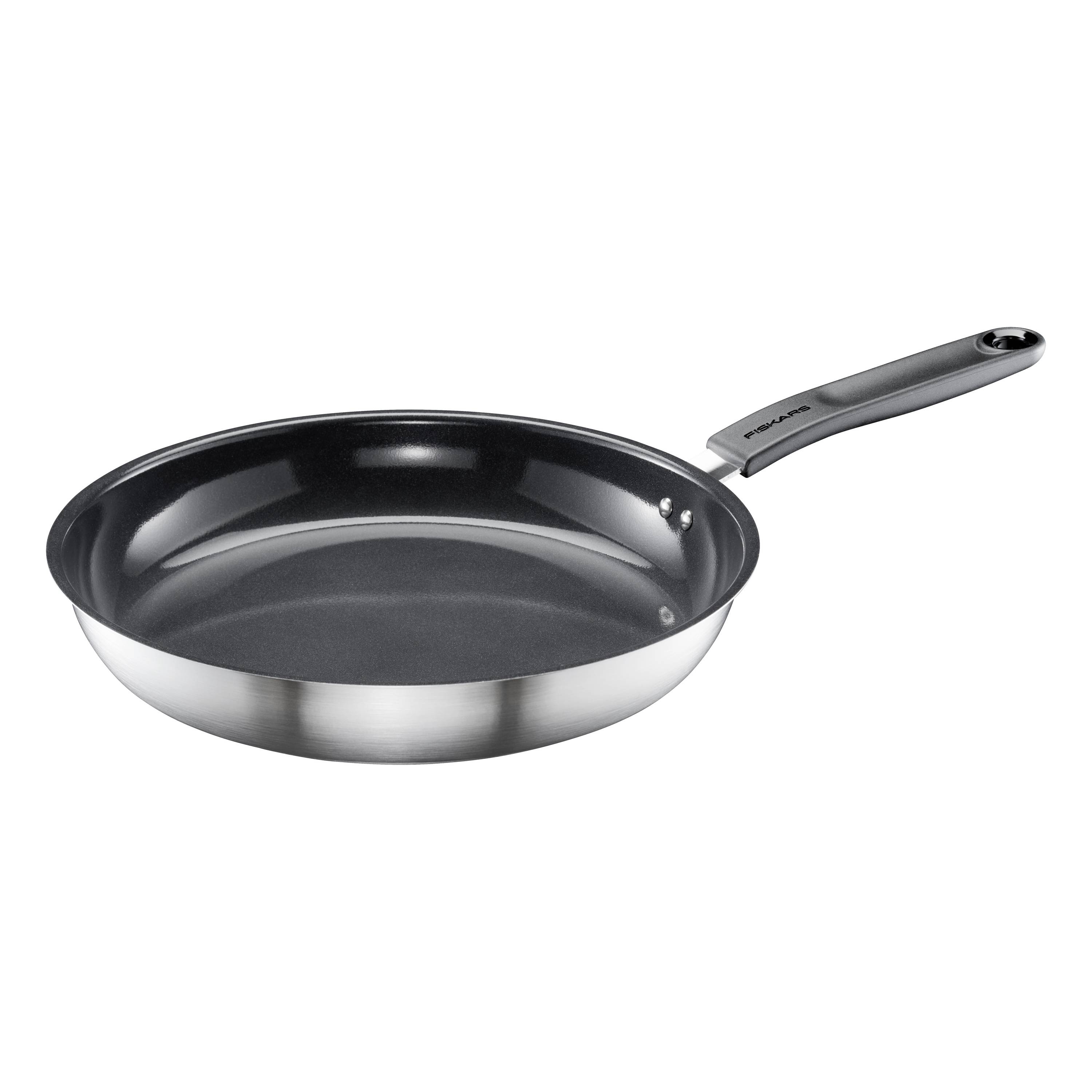 A silver frying pan with an ergonomic, black handle.