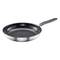 A silver frying pan with an ergonomic, black handle.