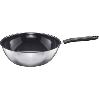 A silver-coloured wok with a black interior and handle, suitable for cooking.