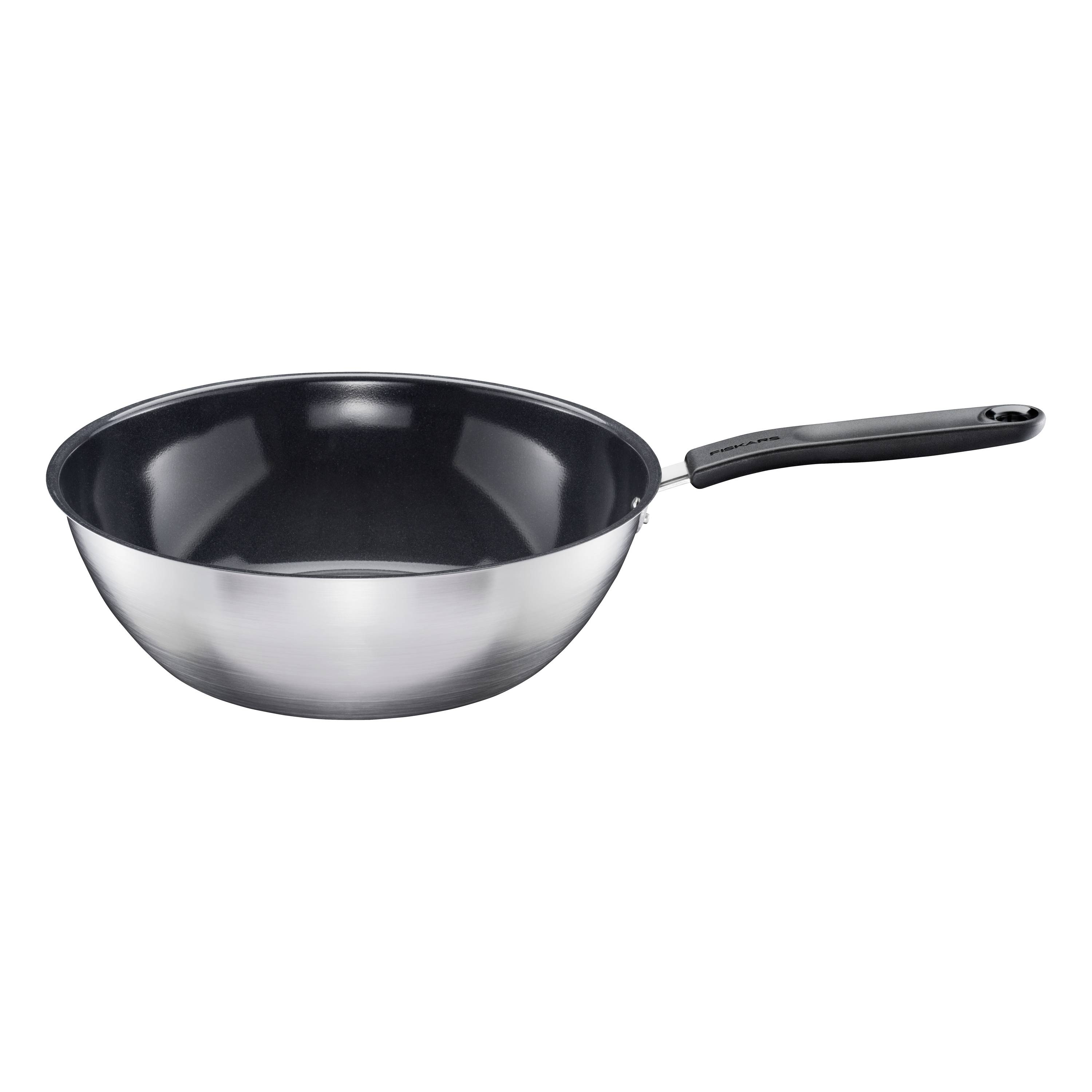 A stainless steel frying pan with a black handle, used for frying and cooking.