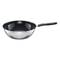 A stainless steel frying pan with a black handle, used for frying and cooking.