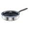 A silver stainless steel frying pan with a glass lid and a black handle. Perfect for frying and braising.