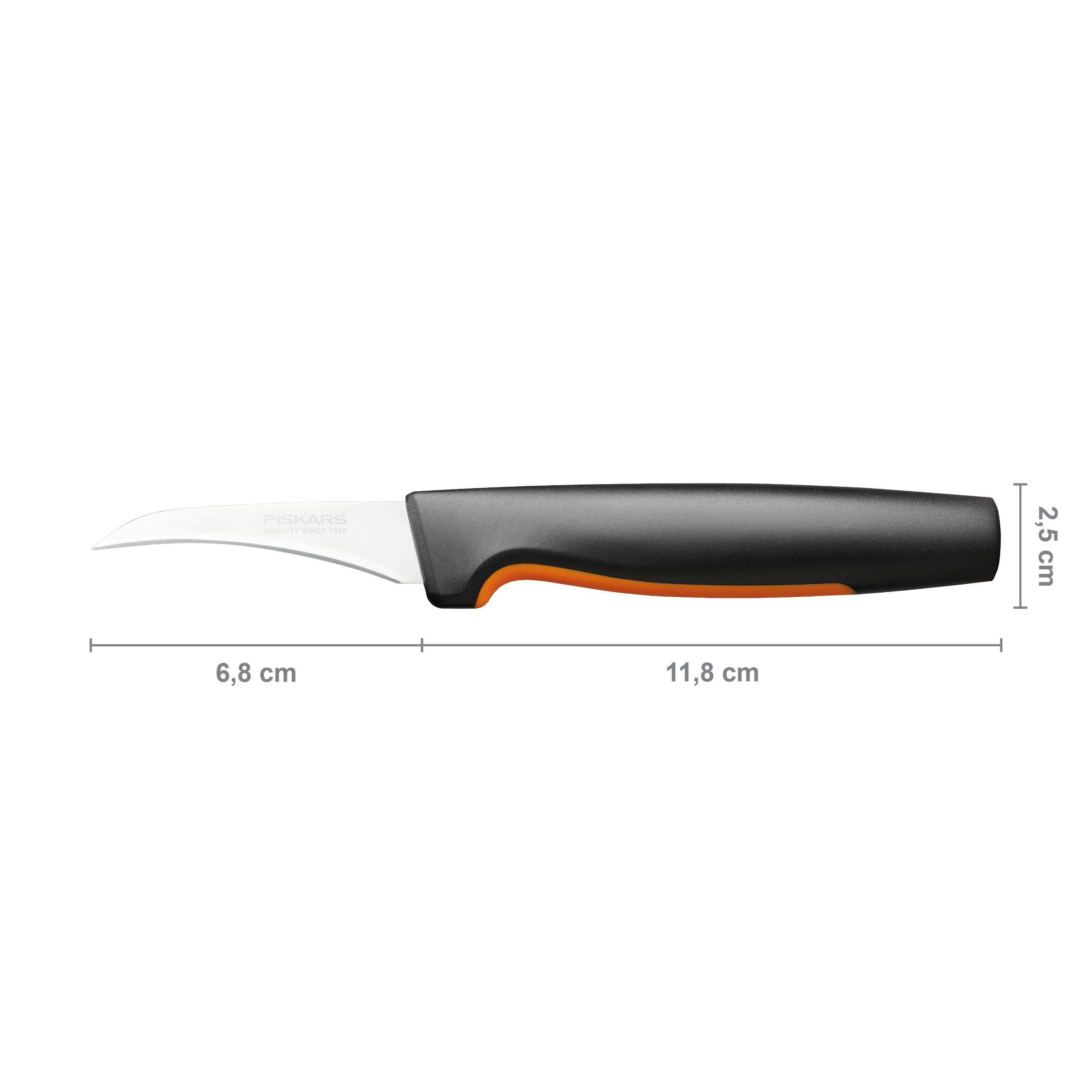 Small peeling knife with a black handle and orange detail. Total length 11.8 cm, blade length 6.8 cm. Ideal for peeling.