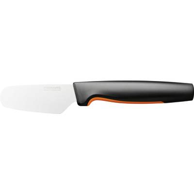 A small kitchen knife with a black handle and a short, broad white blade.