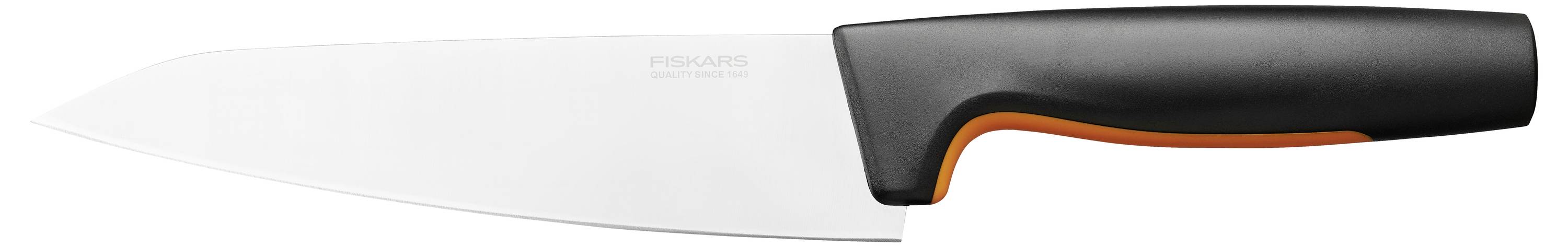 A kitchen knife with a black handle and a silver, smooth blade.