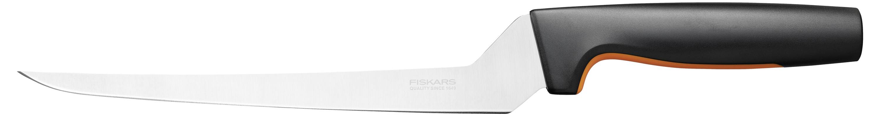 A delicate filleting knife with a long, slender and slightly curved stainless steel blade, black ergonomic handle and orange accent.