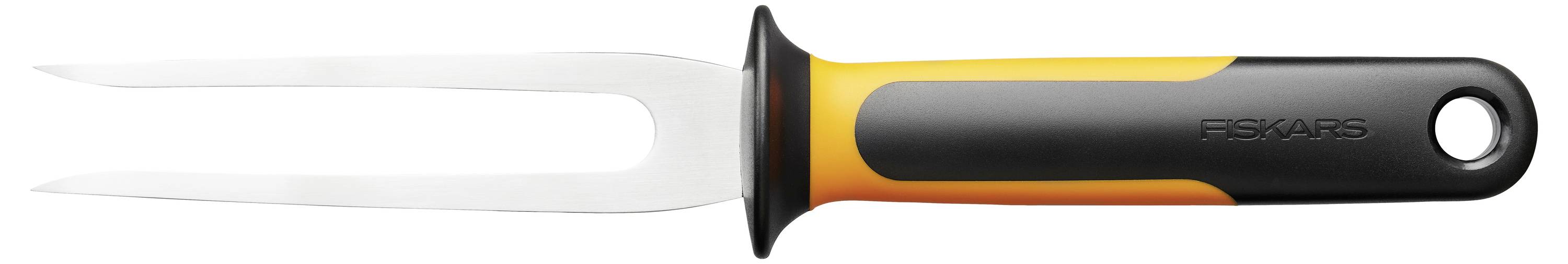 Two-pronged meat fork with black and orange handle, suitable for carving or turning meat.
