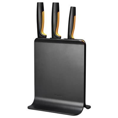 Three black knives with an orange accent, placed in a modern, vertical knife block.