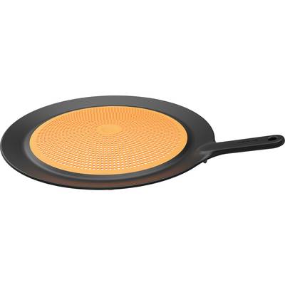 Frying pan with an orange, perforated cooking surface and black handle, specifically designed for even cooking and heat distribution.
