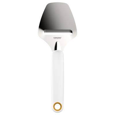 Cheese slicer with white handle and sharp blade. Designed for precisely cutting thin cheese slices.