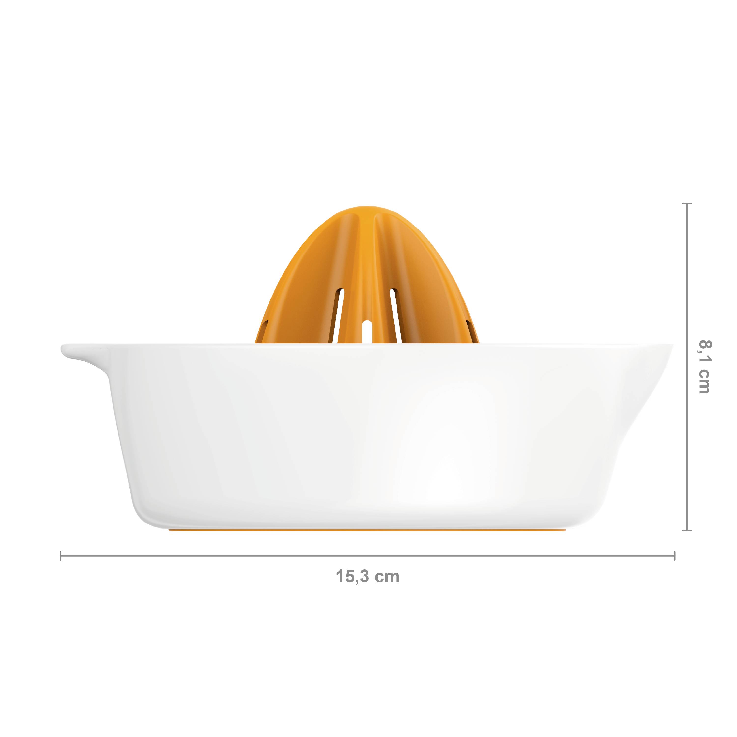 'A white plastic lemon squeezer with an orange insert, 15.3 cm wide and 8.1 cm high, for pressing fruit juice.'
