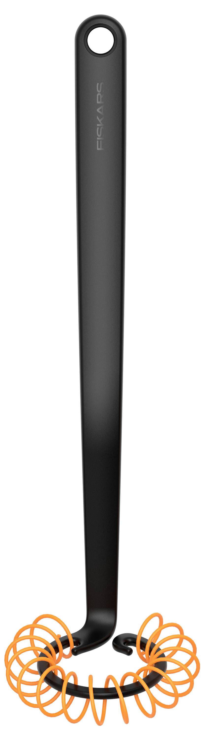 Black handle with an orange spiral head. Possibly a kitchen utensil for stirring or mixing.