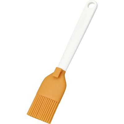 Silicon baking brush with a white handle and orange bristle head, suitable for evenly spreading glazes or marinades.