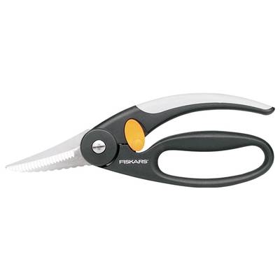 A black and orange pair of Fiskars scissors with a serrated blade, suitable for use in the kitchen or garden.