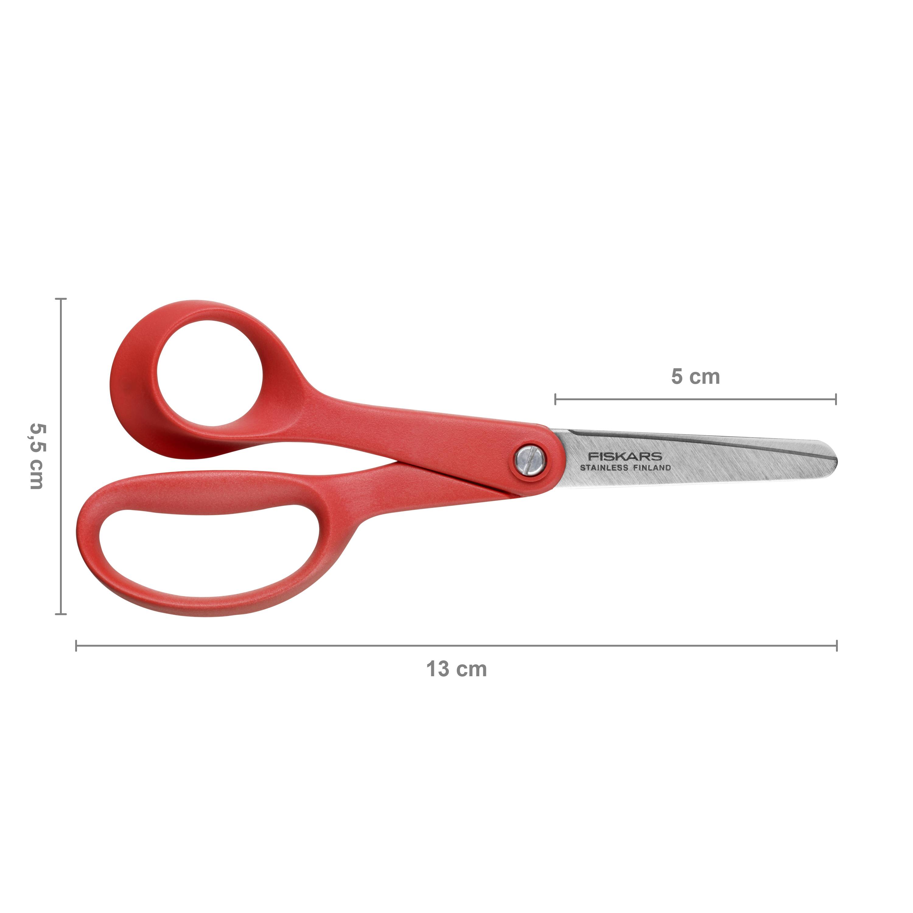 A red Fiskars scissors lies horizontally. The scissors are 18 cm long, with a 5 cm blade and an ergonomic handle.