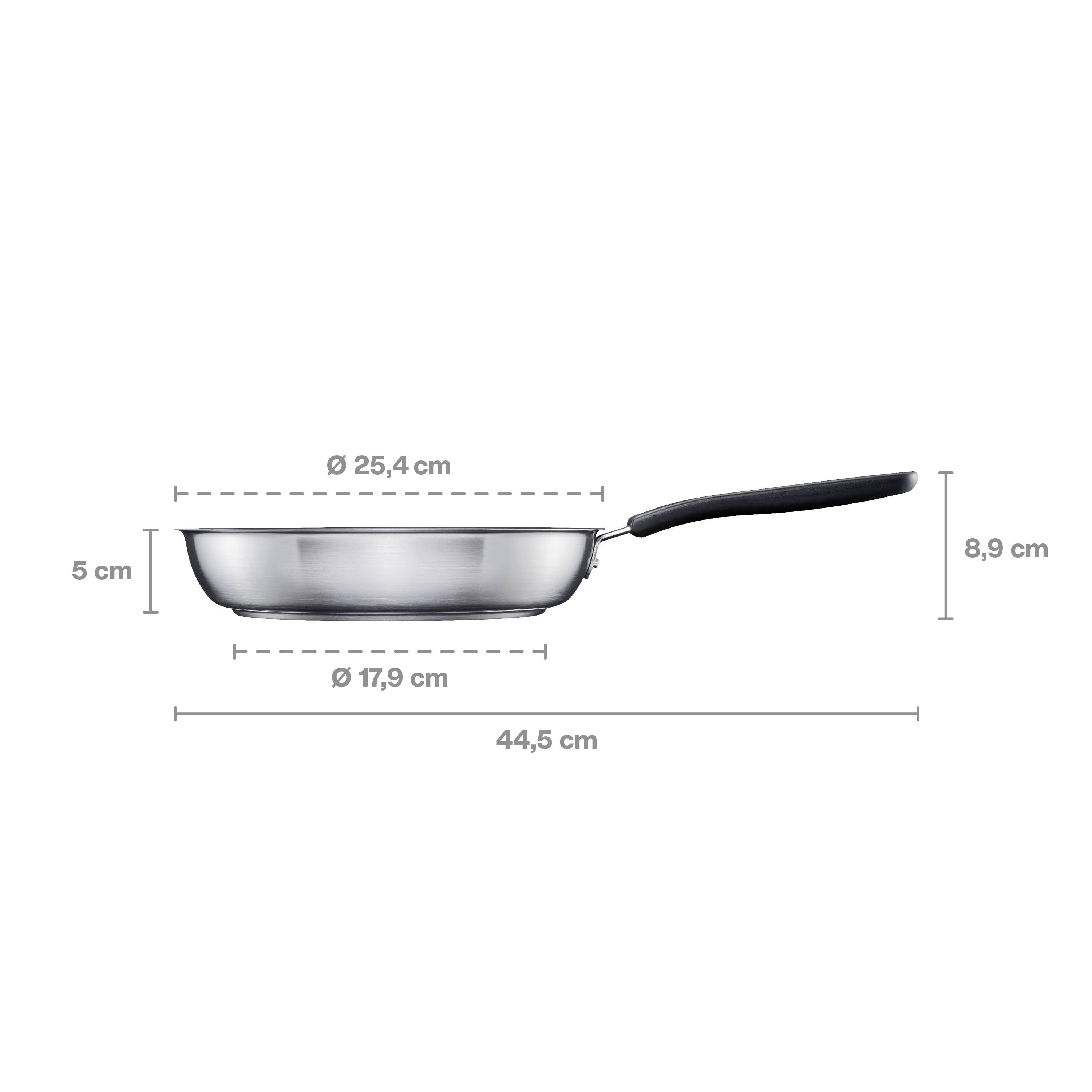 Stainless steel frying pan, 25.4 cm diameter, 8.9 cm height, 44.5 cm length including handle, 17.9 cm base area, 5 cm rim height.