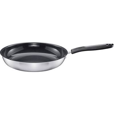 Frying pan with black non-stick coating and ergonomic handle, suitable for cooking and frying on various hob types.