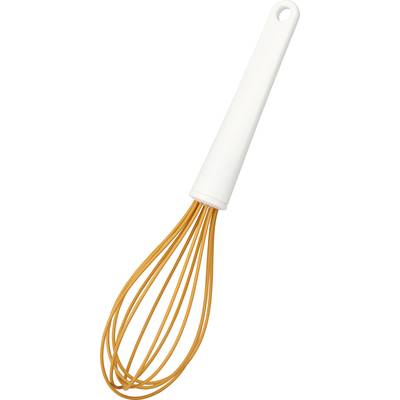 Whisk with a white handle and orange silicone head, set against a white background. Suitable for whisking or stirring.
