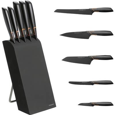A black knife block with five knives in different sizes. The blades are smooth or serrated, depending on their purpose.