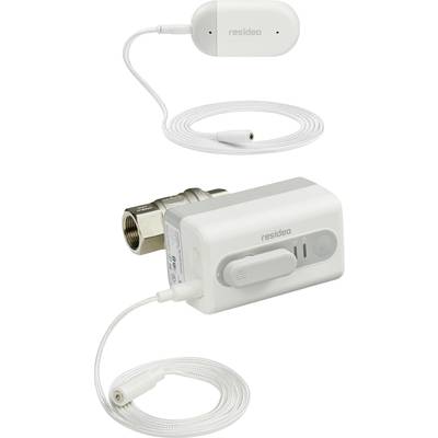 Two white, rectangular Resideo devices with cable and plug. One has a water connection, the other a sensor.