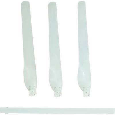Three white rotor blades and a thin white strip for a desk fan set, on a white background.