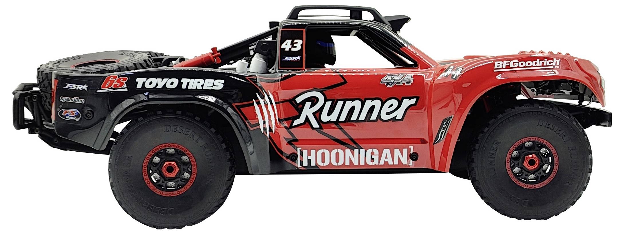 Red and black remote-controlled car with 'Runner' written on the side. Off-road design with large tyres and a sporty look.