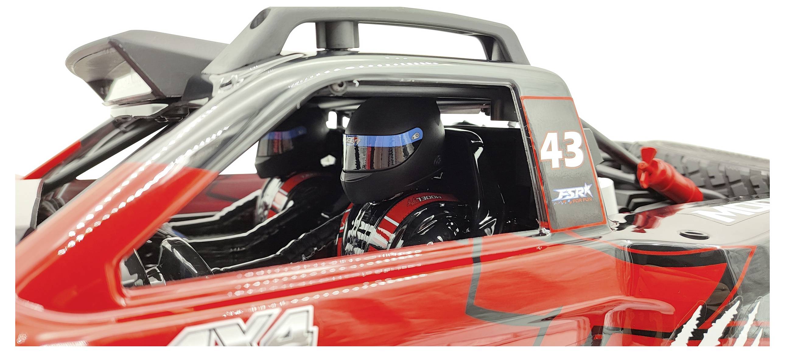 A red remote-controlled racing car with the number 43. Two stylised figures wearing helmets are seated in the driver and passenger seats.