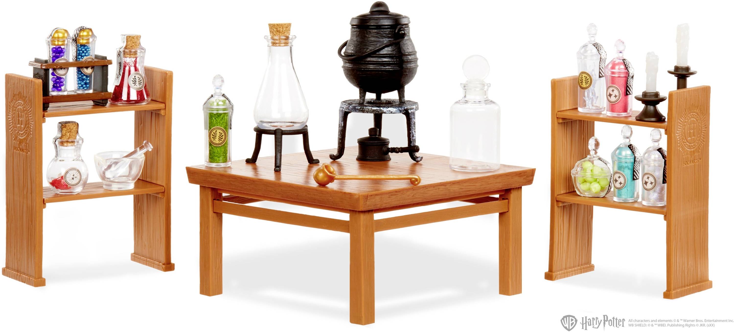 Miniature magic kitchen with wooden shelves, bottles and cauldron on a table. Contains colourful liquids and various magical objects.