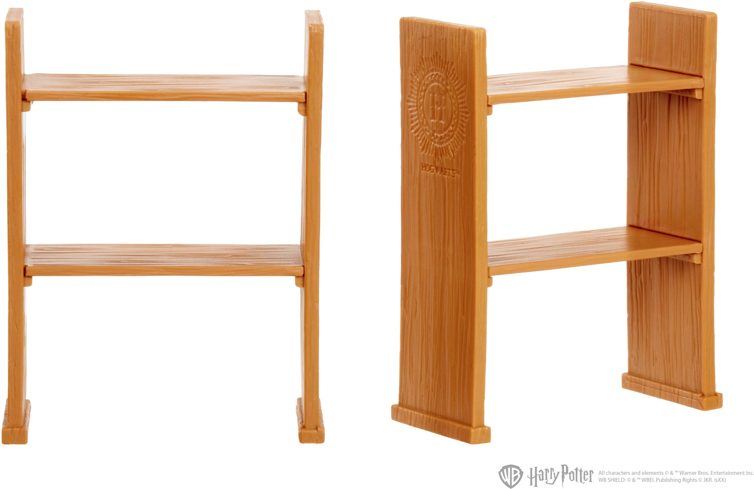 Two orange plastic shelving units in miniature size. The one on the left is open on both sides, the one on the right features a decorative emblem on one side wall.