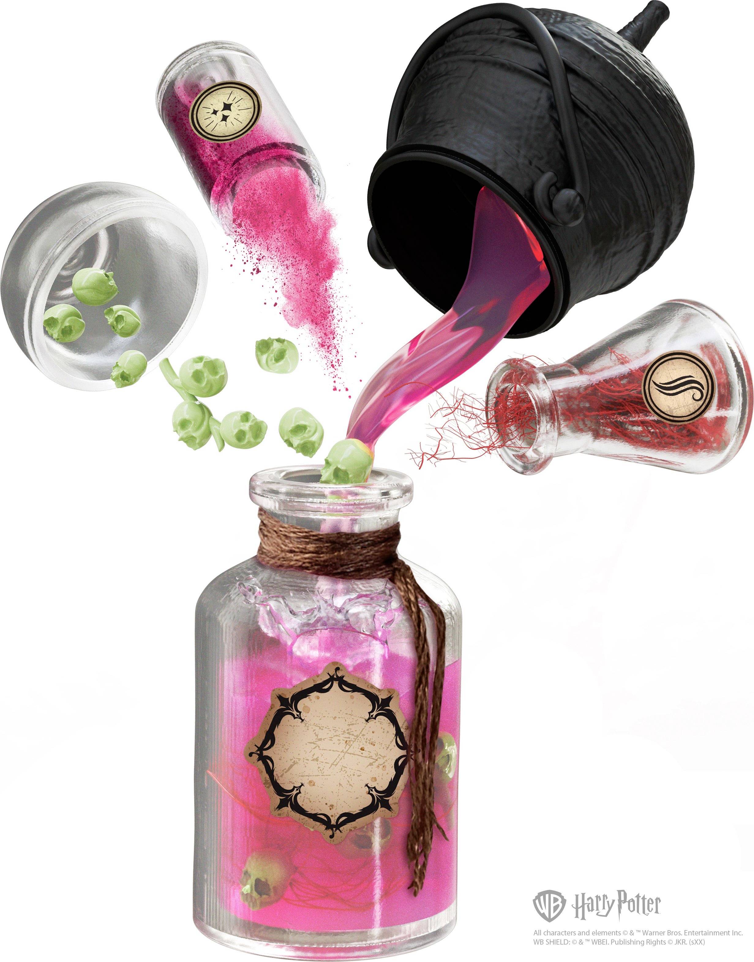 A black cauldron pours pink liquid into several bottles, decorated with green spheres and red threads. Magic-themed.