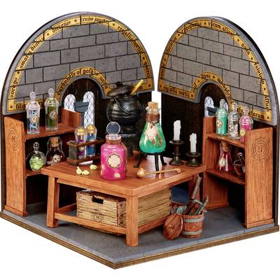Miniature Alchemy Laboratory: Wooden shelves stocked with colourful bottles and ingredients, a wooden table with glass flasks, and a wall quote in the background.